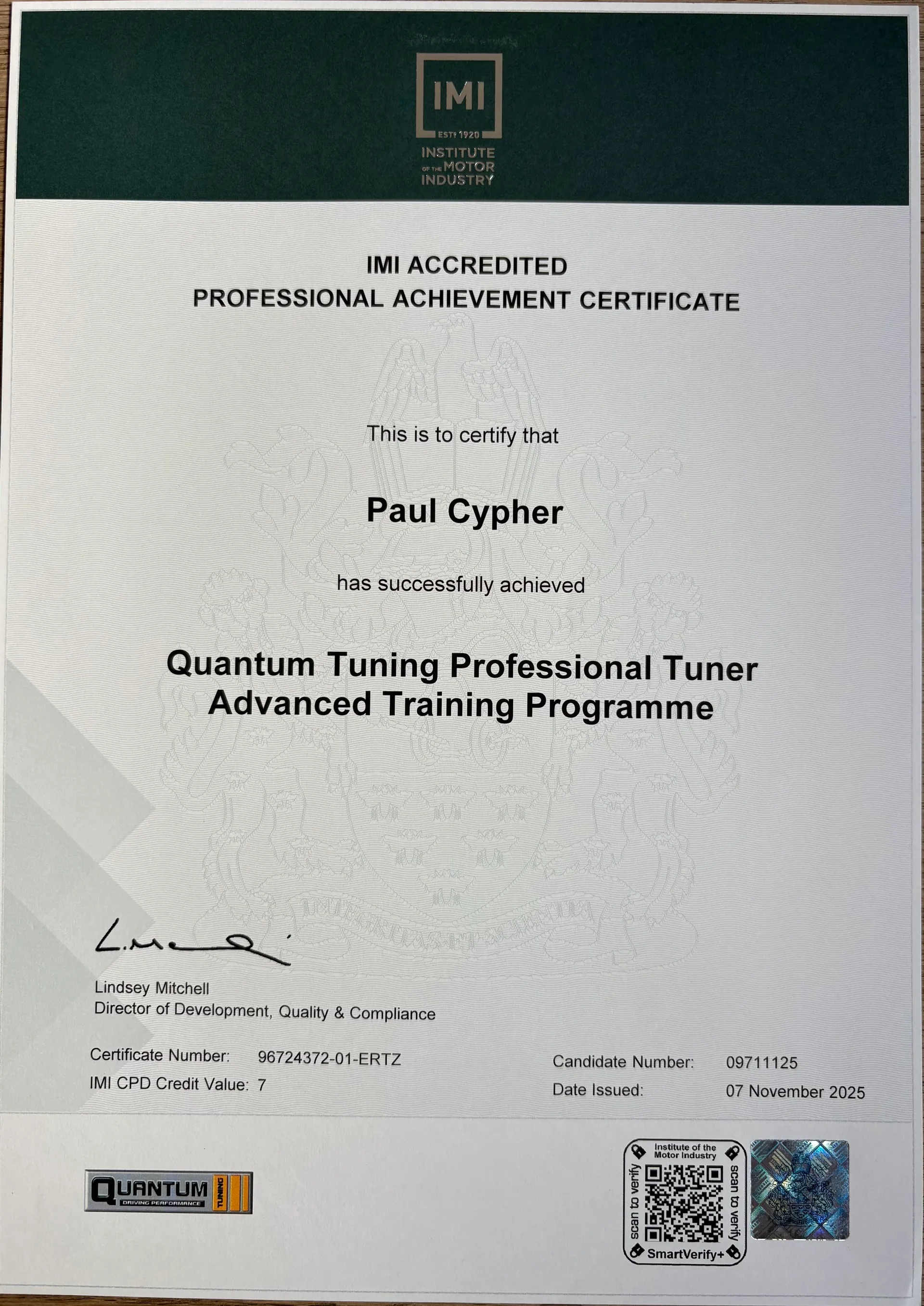 IMI accredited advanced training certificate for complex ECU software calibration.
