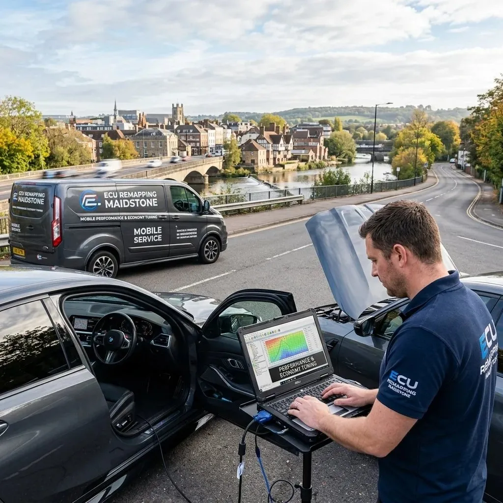 Mobile ECU remapping technician working on a customer vehicle in Maidstone, Kent.