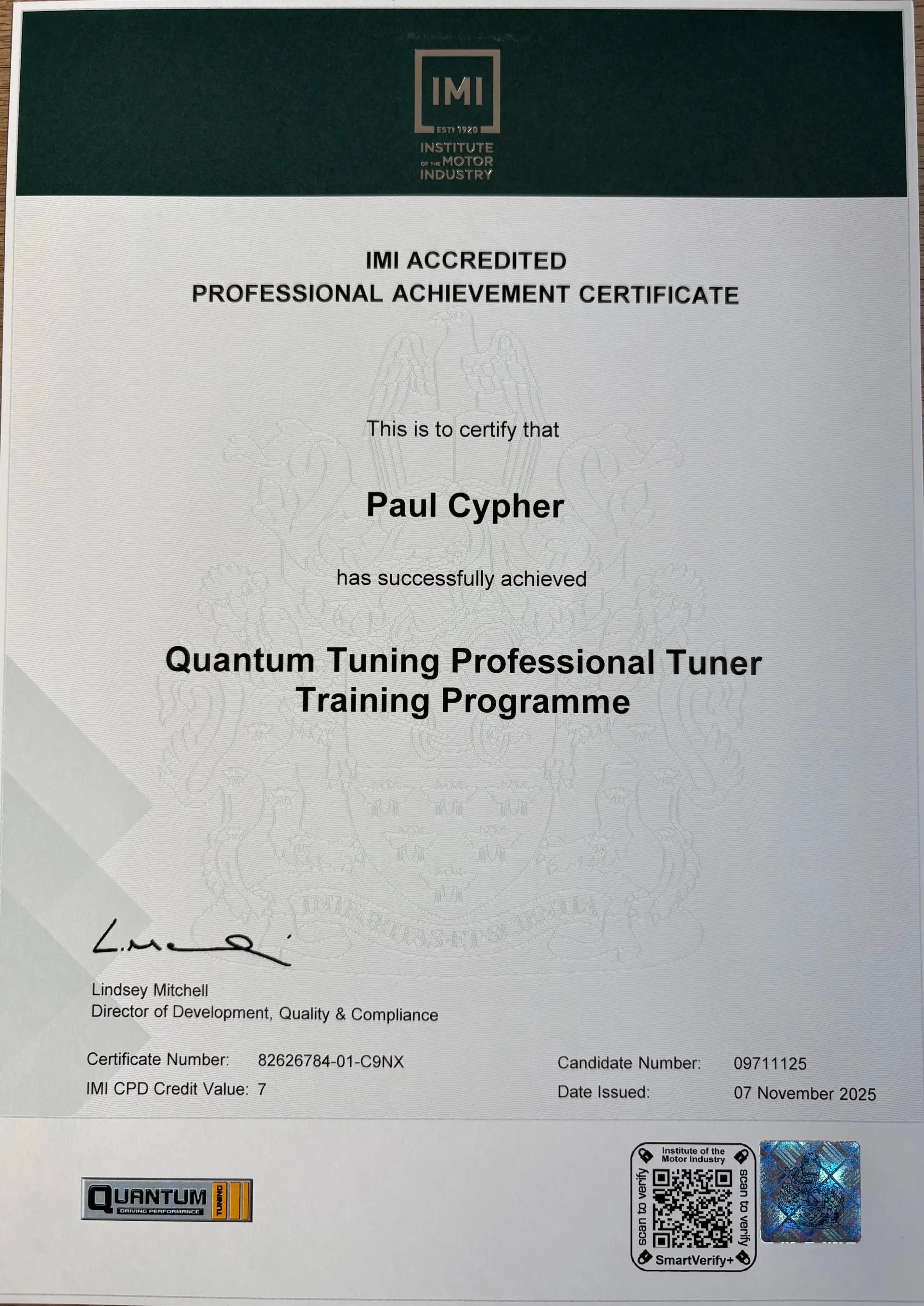 IMI accredited Quantum Tuning professional tuner training certificate.