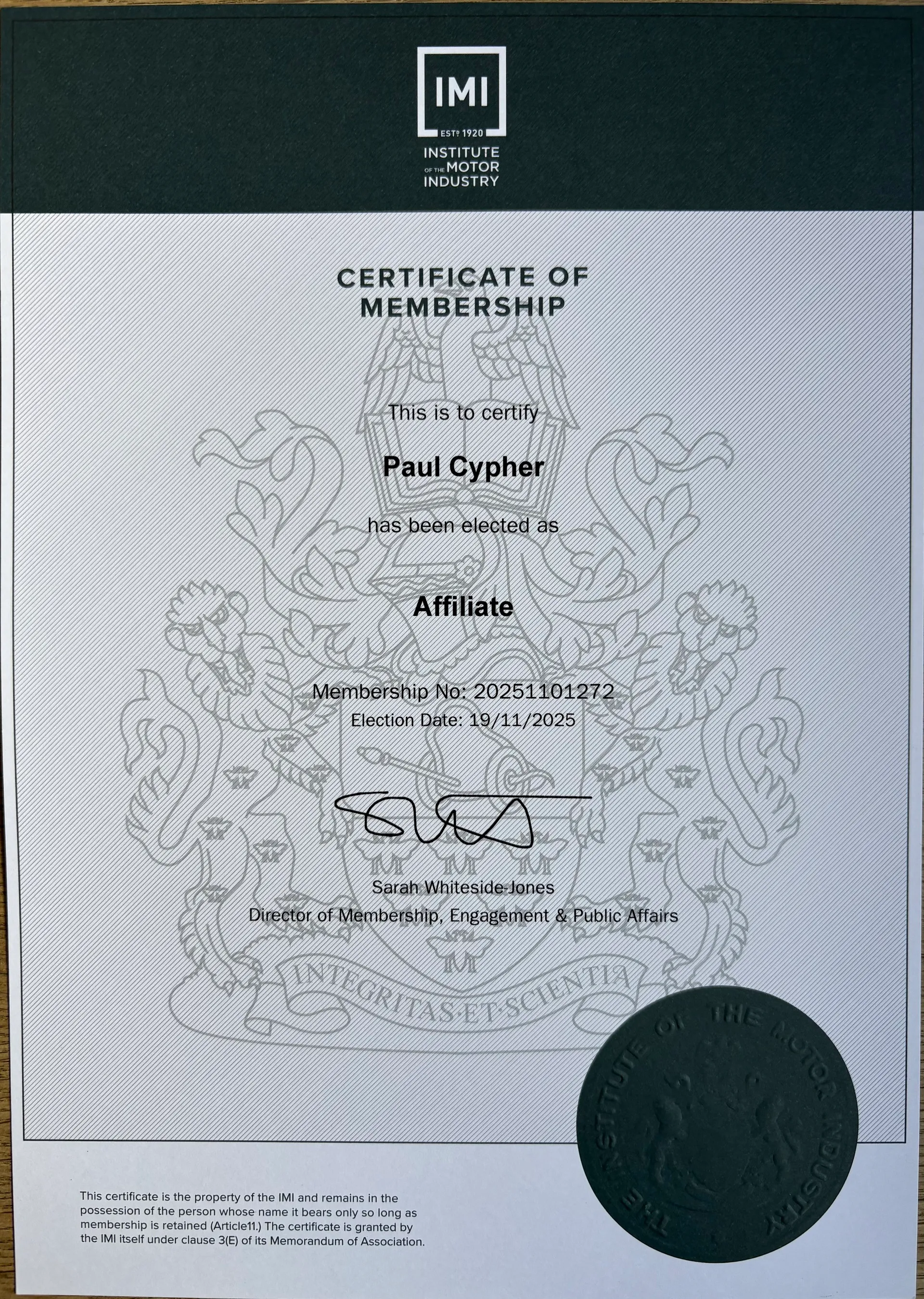 Paul Cypher's Institute of the Motor Industry (IMI) membership certificate.