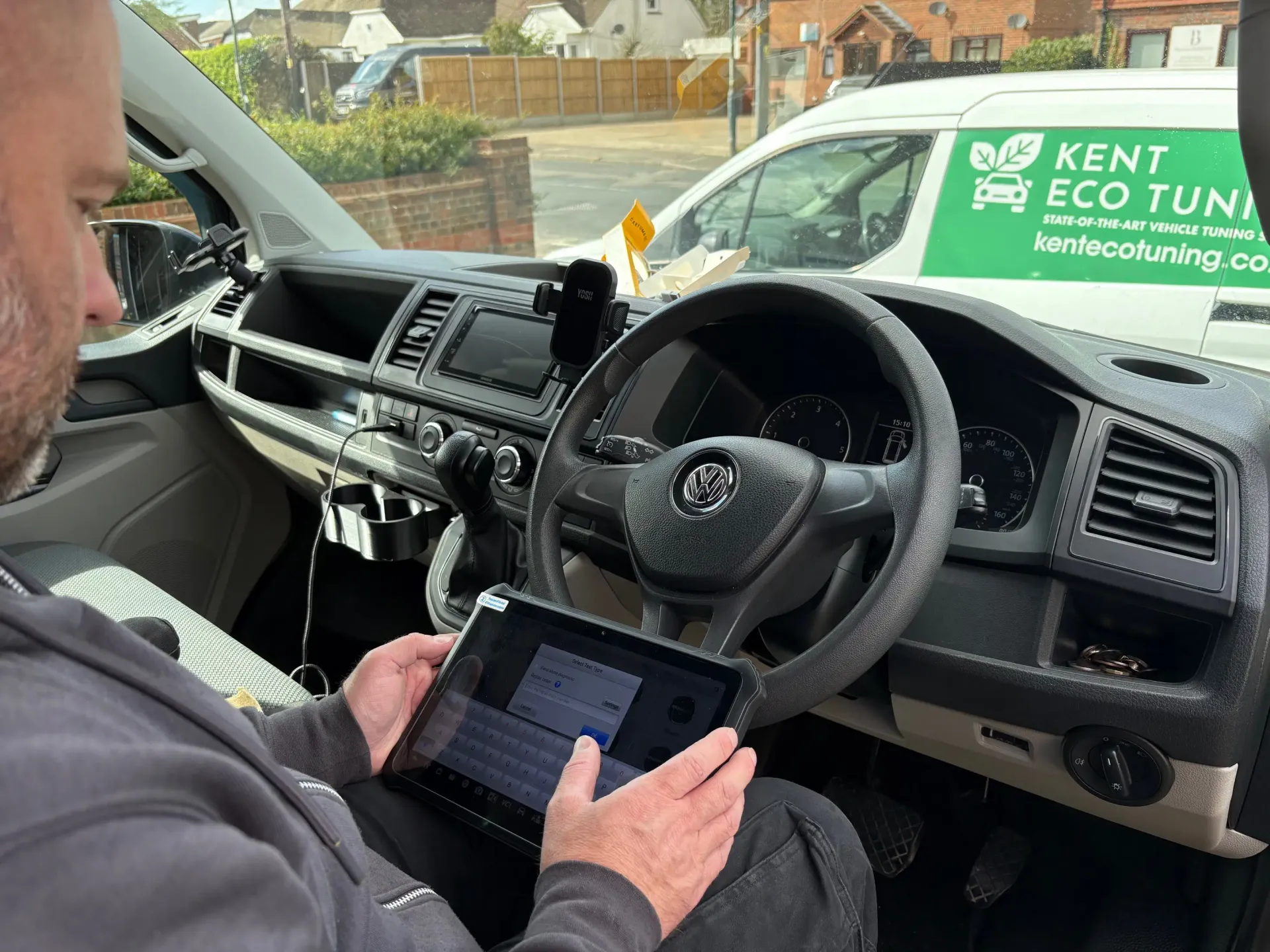 Volkswagen van diagnostics tablet used during a fleet eco-tuning check in Kent.